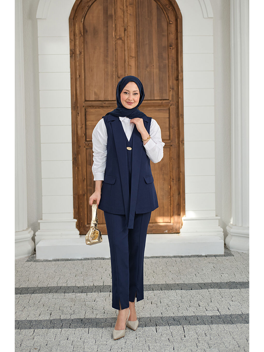 Kadın Gold Düğme Detaylı Yelekli Takım Lacivert