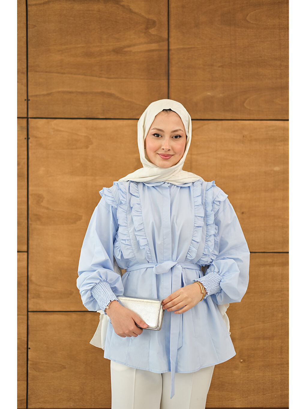 Kadın Fırfır Detaylı Gömlek Bebe Mavi-3