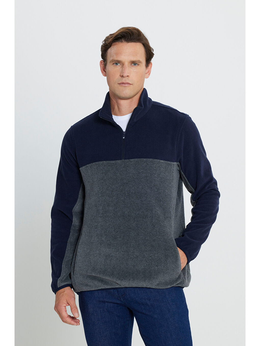 Lacivert Erkek LACI A.MELANJ Standart Fit Dik Yaka İçi Polarlı Çift Renk Polar Sweatshirt