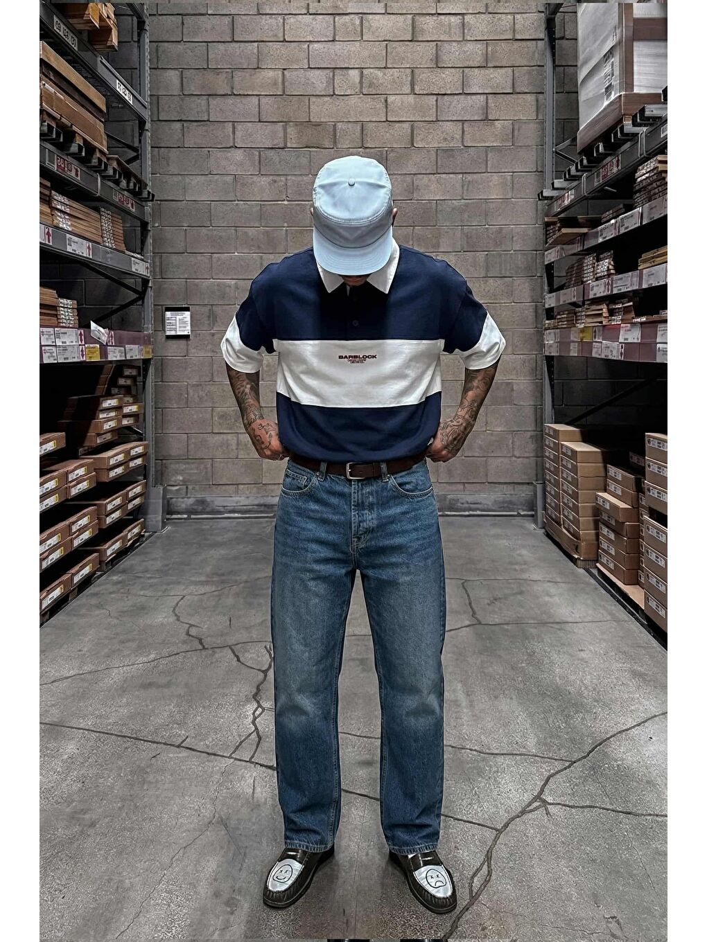 Erkek Oversize Renk Bloklu Polo Yaka T-Shirt Lacivert-2