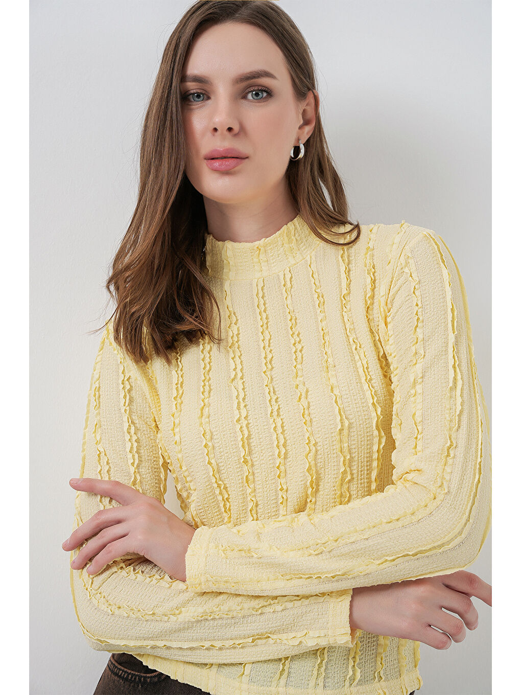 Kadın Dokulu Esnek Örme Bluz 975 - Sarı-3
