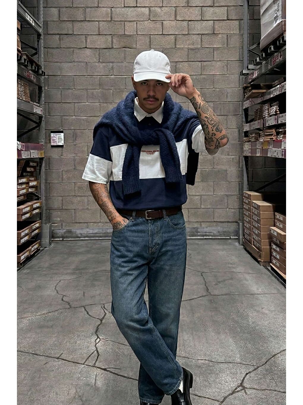 Erkek Oversize Renk Bloklu Polo Yaka T-Shirt Lacivert-3