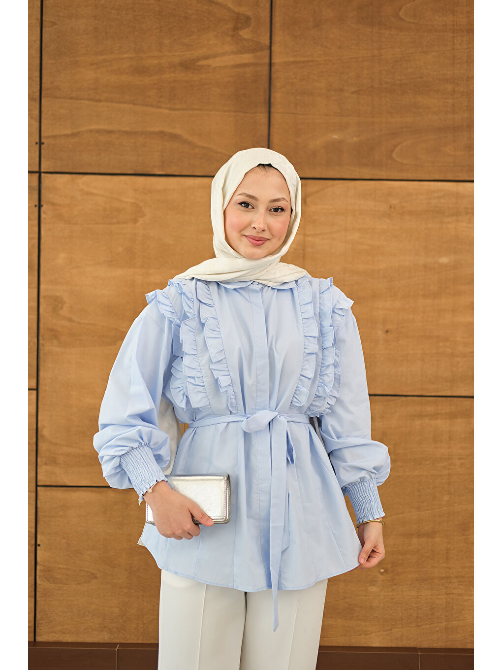 Kadın Fırfır Detaylı Gömlek Bebe Mavi-4