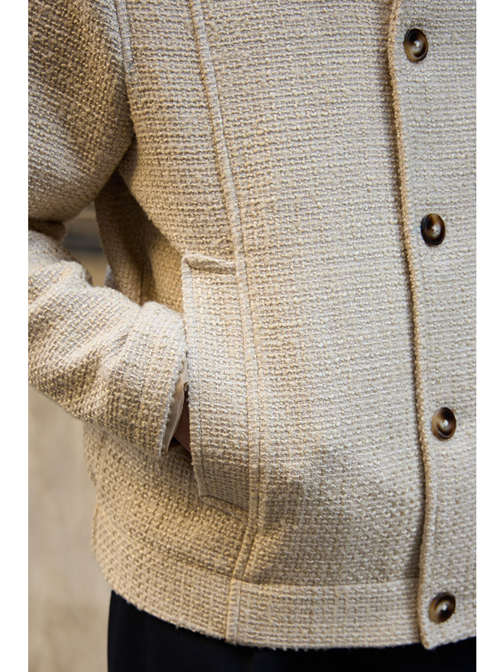 Erkek Tasarım Kumaş Teknik Mont Ceket Ekru-5