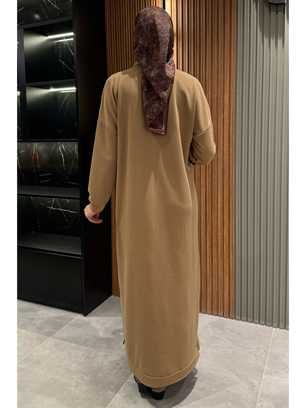 Bej Yarım Fermuarlı Tesettür Elbise-6