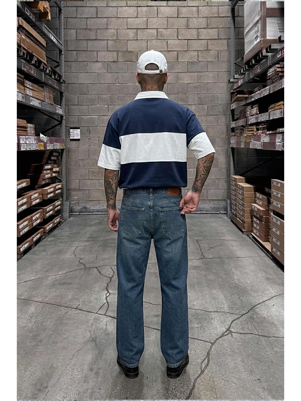 Erkek Oversize Renk Bloklu Polo Yaka T-Shirt Lacivert-4