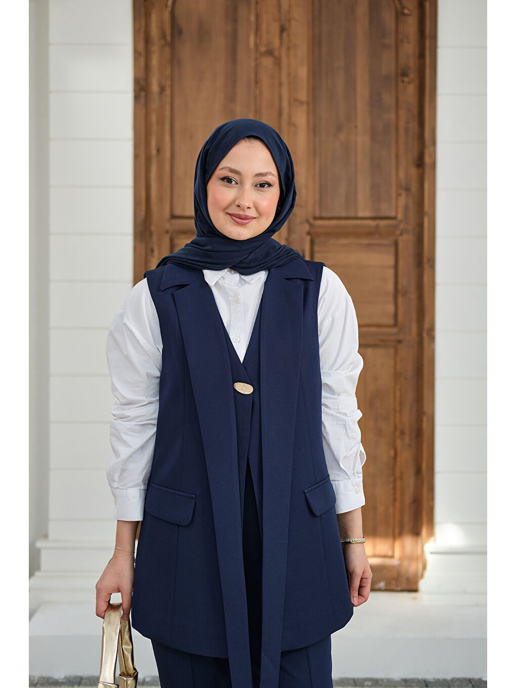 Kadın Gold Düğme Detaylı Yelekli Takım Lacivert-2