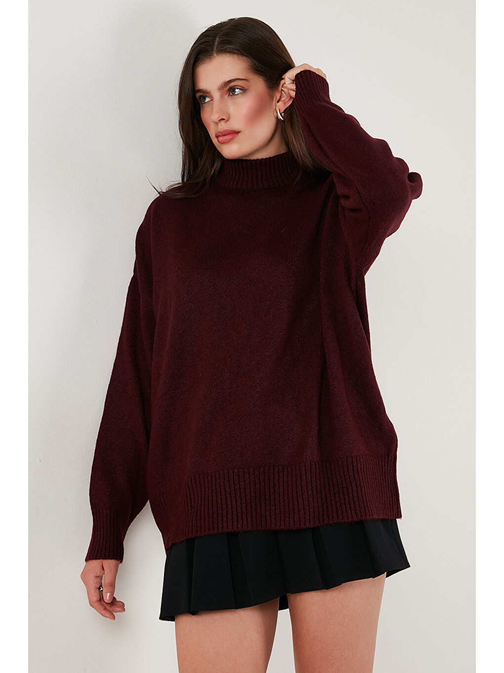 Bordo Premium Oversize Fit Balıkçı Yaka Yumuşak Dokulu Triko Kazak 680KZ00469-3