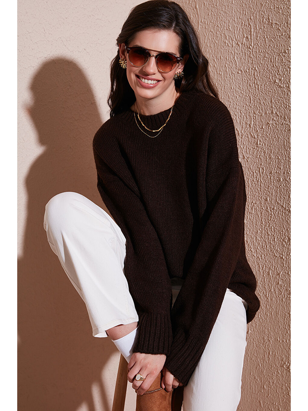 Kahverengi Regular Fit Bisiklet Yaka Basic Triko Kazak 4616213-2