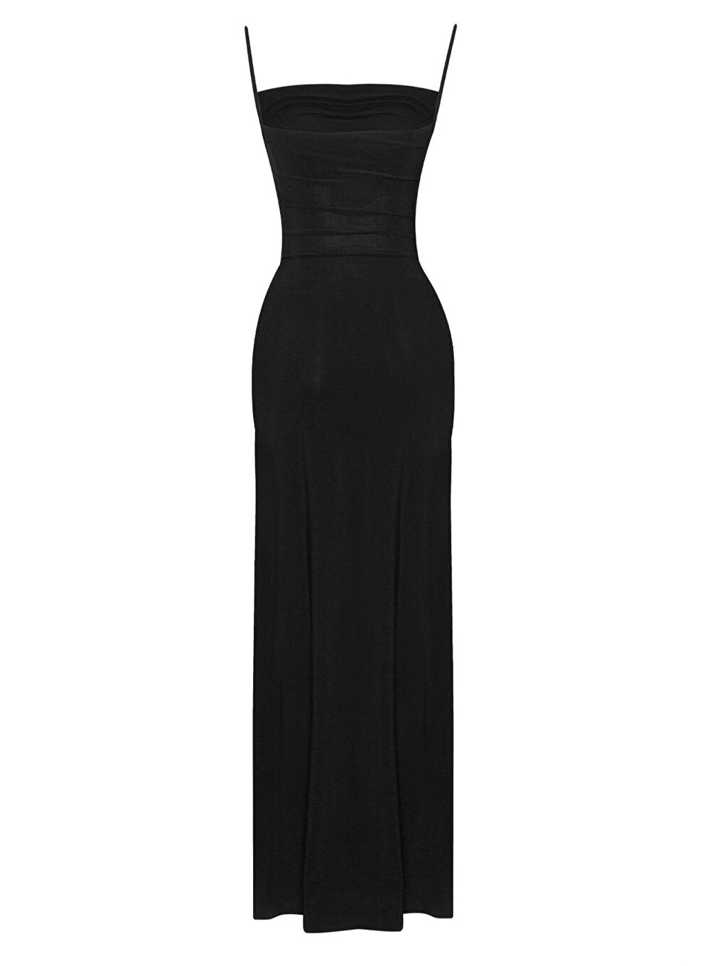 Siyah Derin Yırtmaçlı Drapeli Uzun Abiye Elbise-2