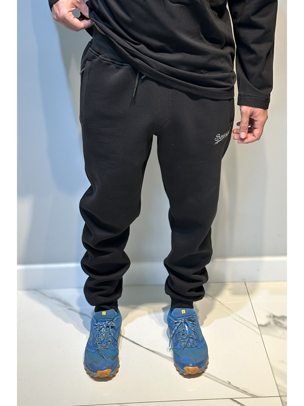 Erkek Paçası ve Beli Lastikli Üç İplik Şardonlu Eşofman Altı 0341 Siyah-3