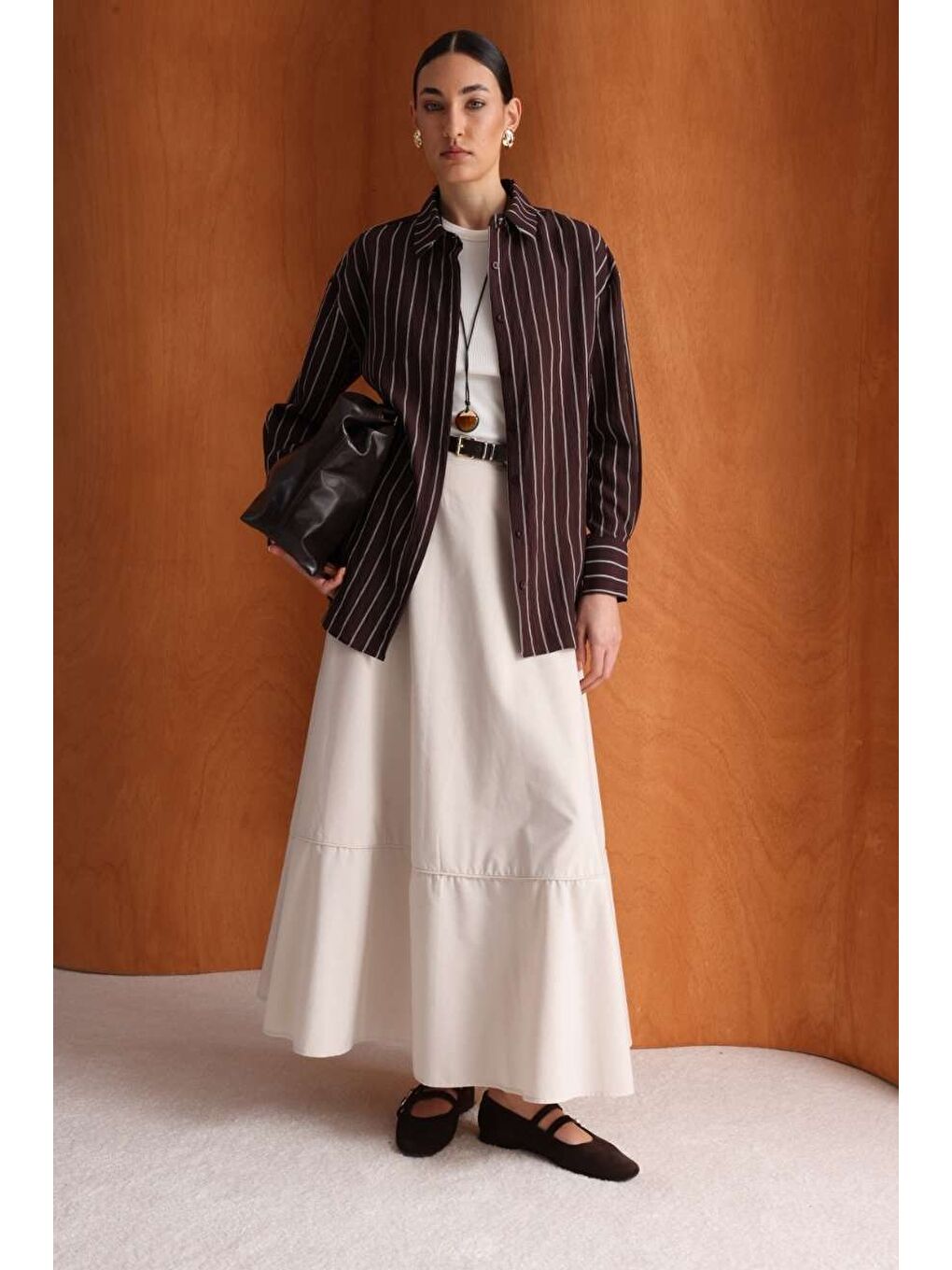 Pamuklu Evaze Volanlı Maksi Bej Rengi Etek-1