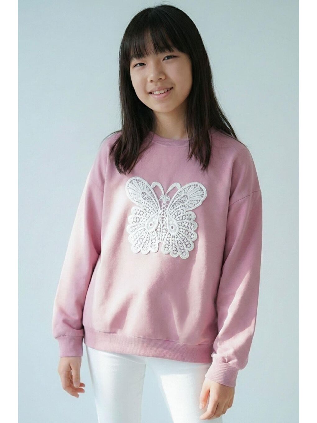 Pembe Kız Çocuk Sweatshirt Kelebek Aplike Nakışlı Gülkurusu (8-12 Yaş)