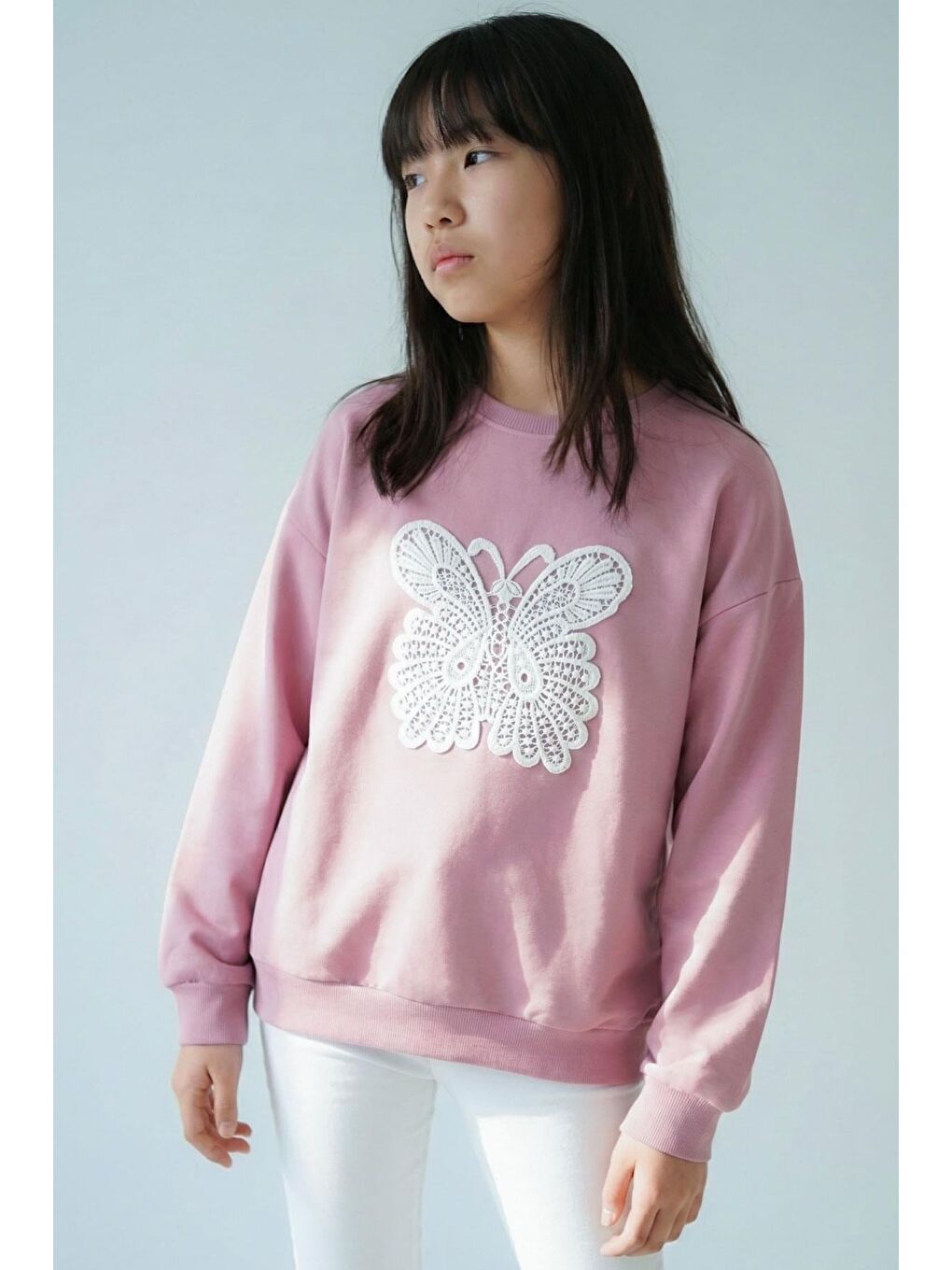 Pembe Kız Çocuk Sweatshirt Kelebek Aplike Nakışlı Gülkurusu (8-12 Yaş)-1