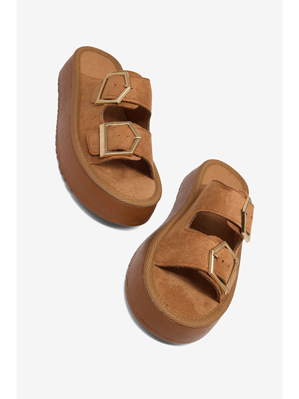 Kahverengi Kadın Taba Rahat Kalıp Yüksek Taban Tokalı Terlik-1