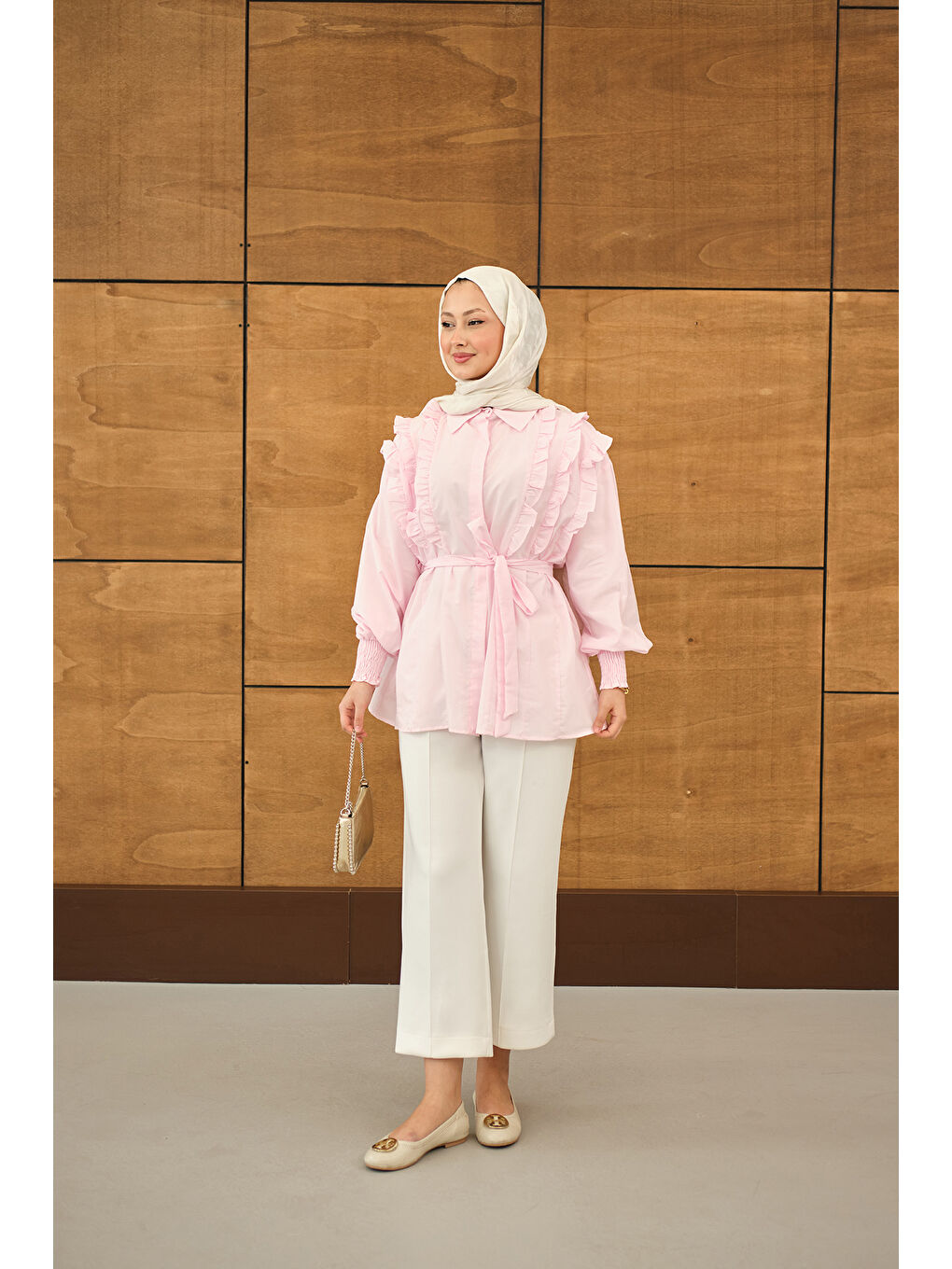 Kadın Fırfır Detaylı Gömlek Pembe-1