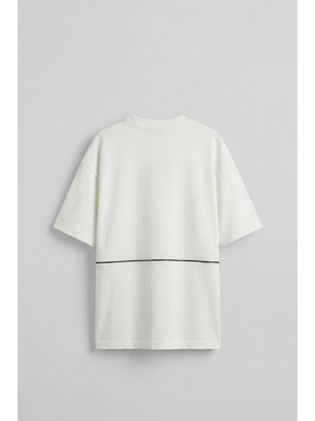 Erkek Oversize Fermuar Detaylı Minimal Nakışlı T-Shirt Ekru-1