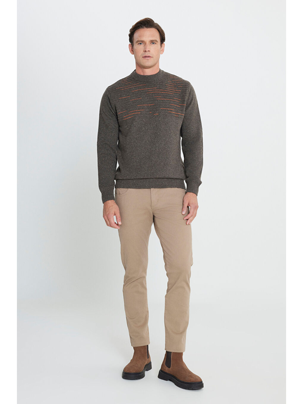 Kahverengi Erkek Sütlü Kahve-Turuncu Standart Fit Normal Kesim Bisiklet Yaka Triko Kazak-1