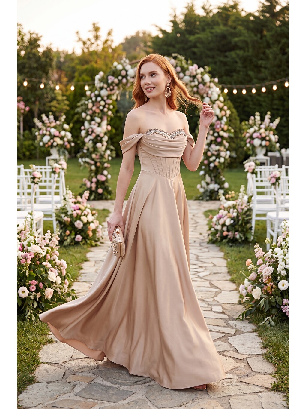 Kadın Bej Kayık Yaka Taşlı Uzun Söz Nişan Nikah Abiye Elbise-4