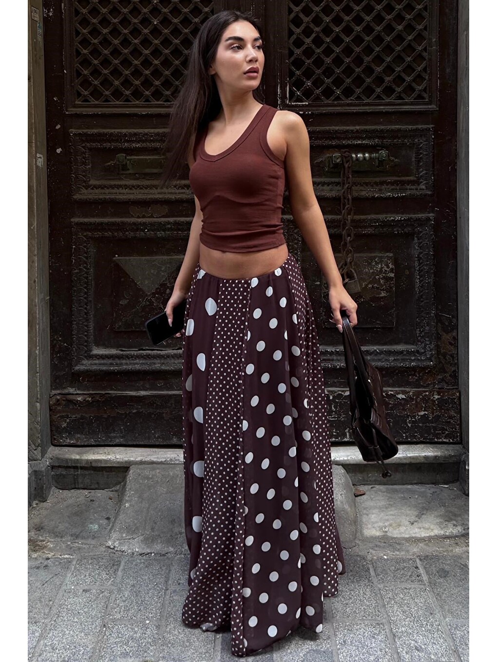 Kahverengi Çoklu Puantiye Desen Maxi Etek Mg2839-7