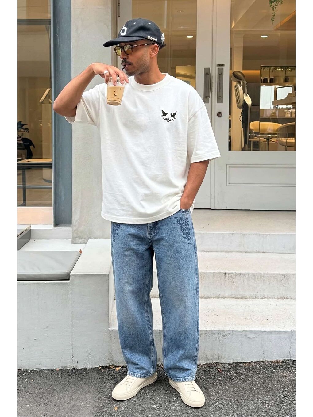 Erkek Oversize Fermuar Detaylı Minimal Nakışlı T-Shirt Ekru-2