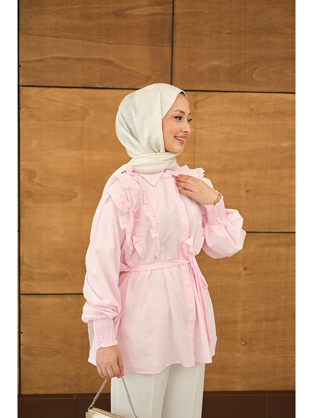 Kadın Fırfır Detaylı Gömlek Pembe-2
