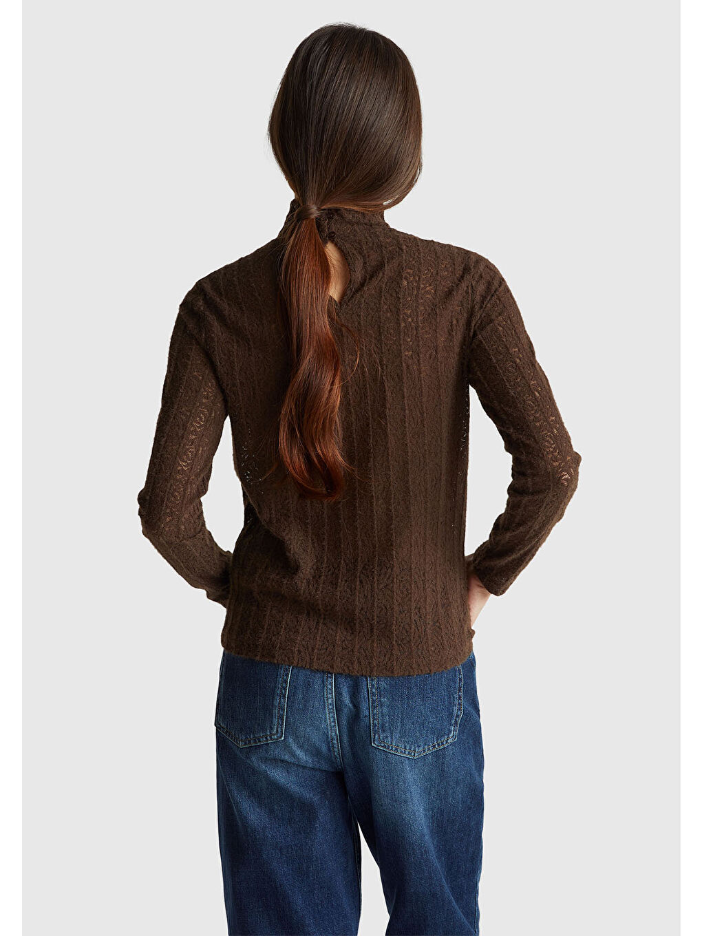 Kadın Koyu Kahverengi Desenli Dik Yaka Bluz-2