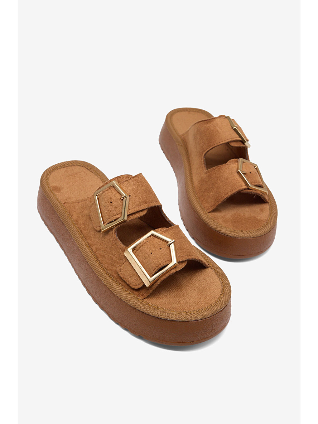 Kahverengi Kadın Taba Rahat Kalıp Yüksek Taban Tokalı Terlik-2