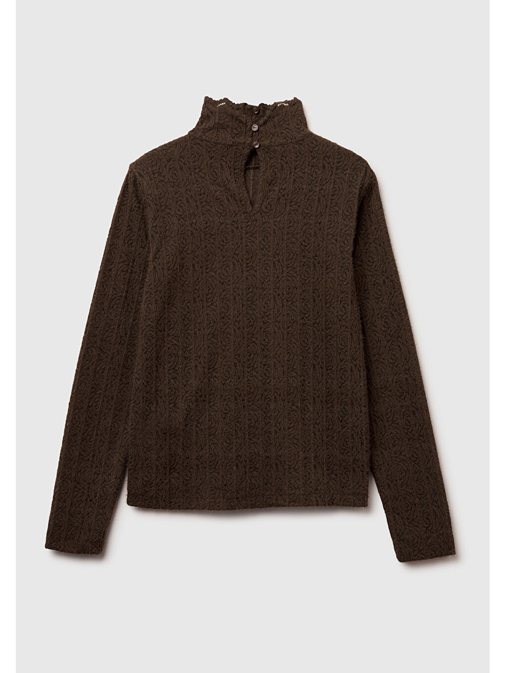 Kadın Koyu Kahverengi Desenli Dik Yaka Bluz-3