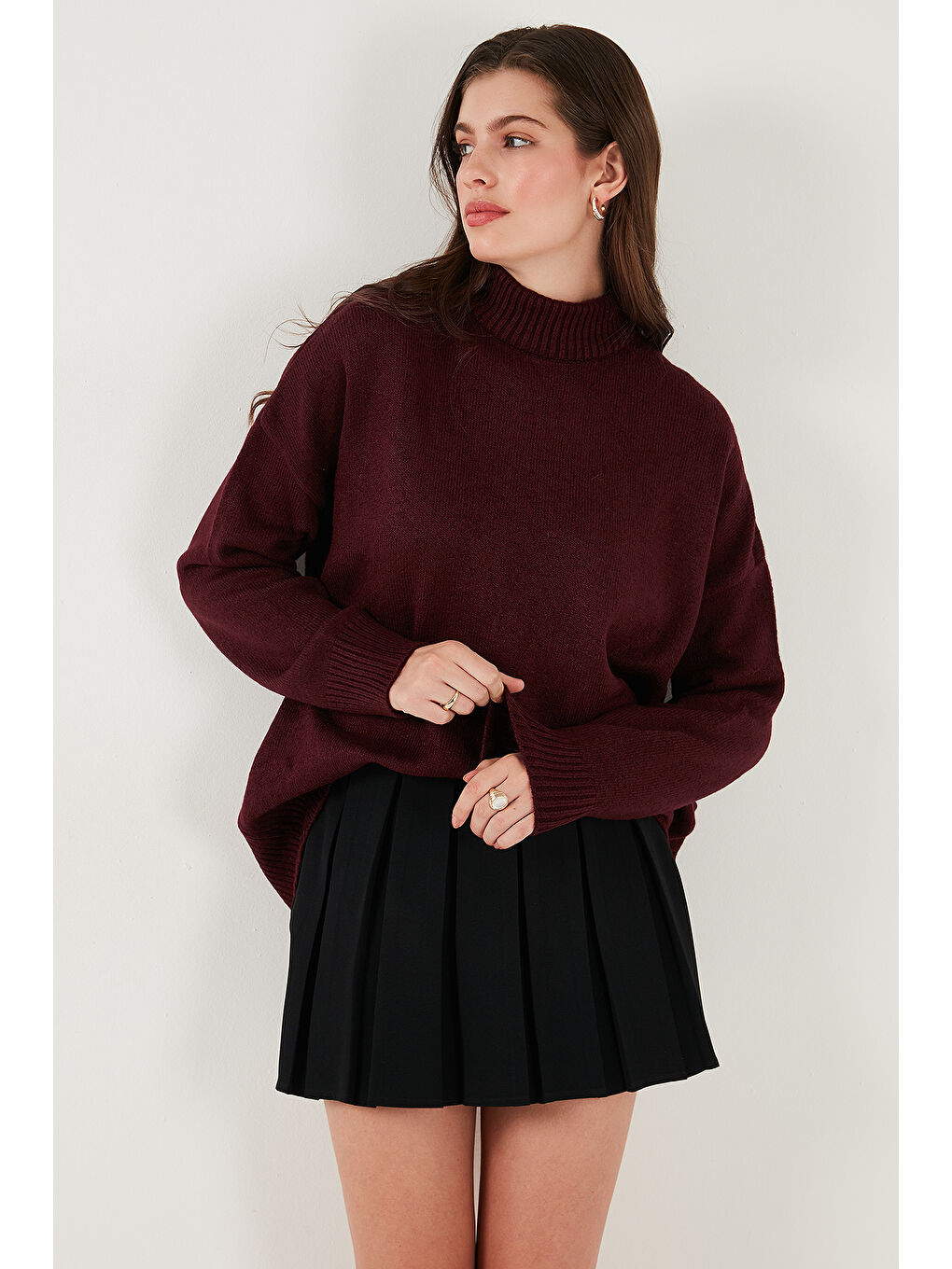 Bordo Premium Oversize Fit Balıkçı Yaka Yumuşak Dokulu Triko Kazak 680KZ00469-5