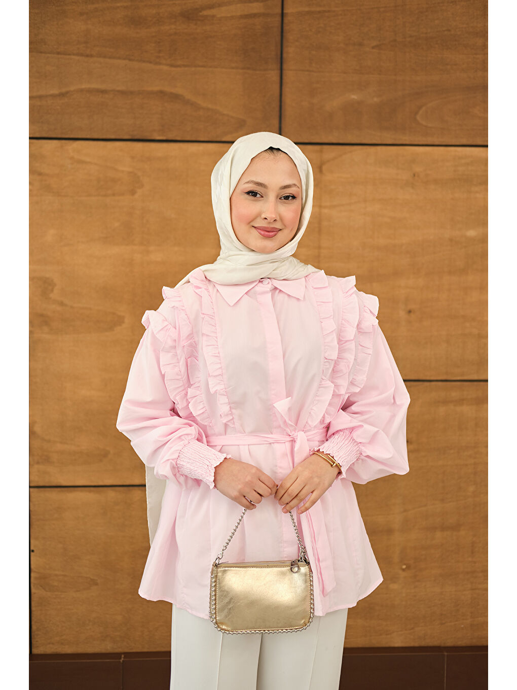 Kadın Fırfır Detaylı Gömlek Pembe-3