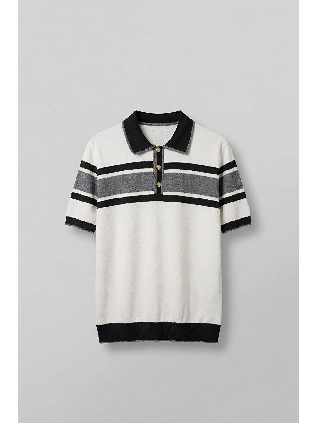 Lila Erkek Regular Fit Çizgili Havlu Triko Polo Yaka T-Shirt Ekru Siyah