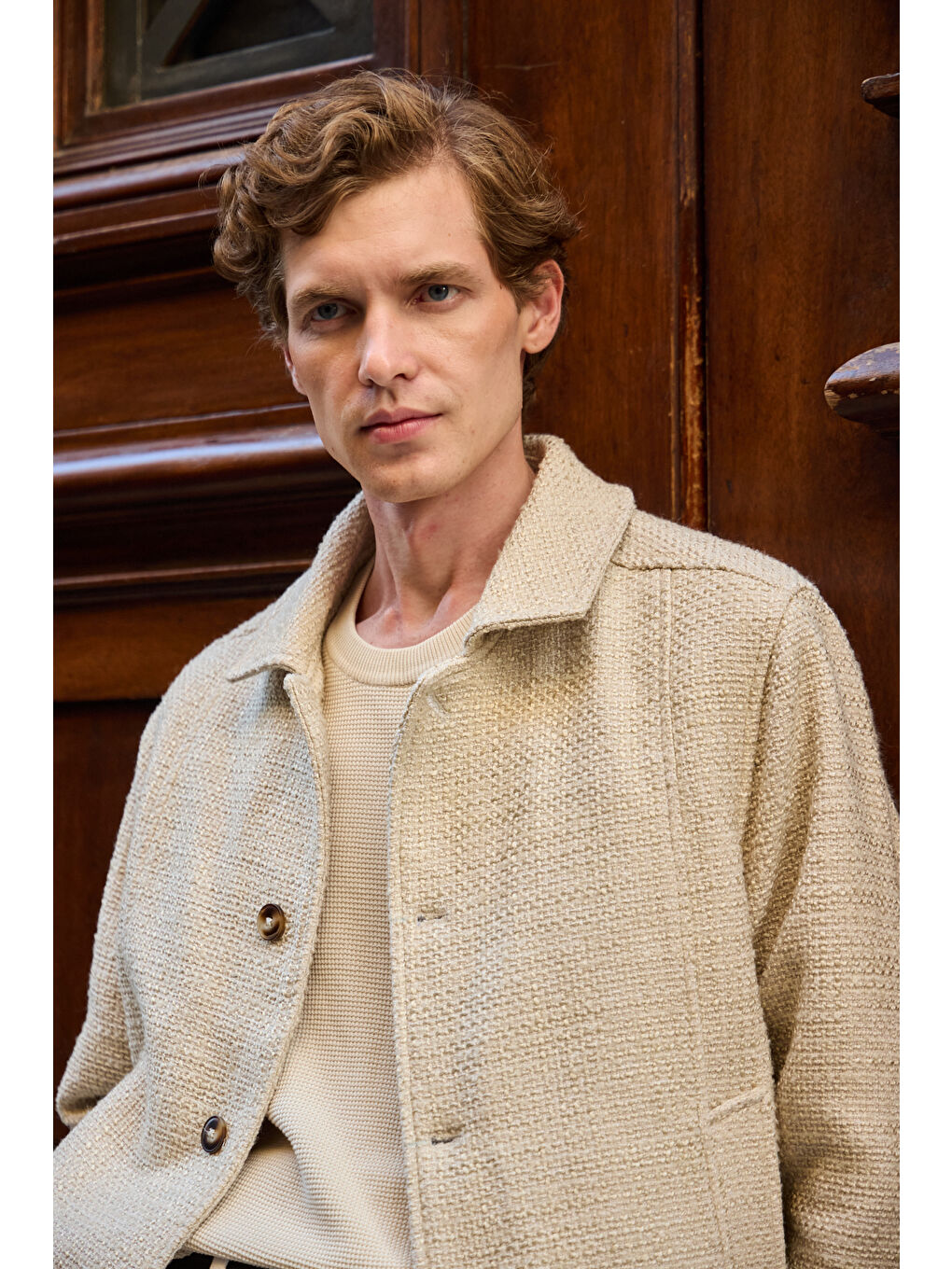 Erkek Tasarım Kumaş Teknik Mont Ceket Ekru-6