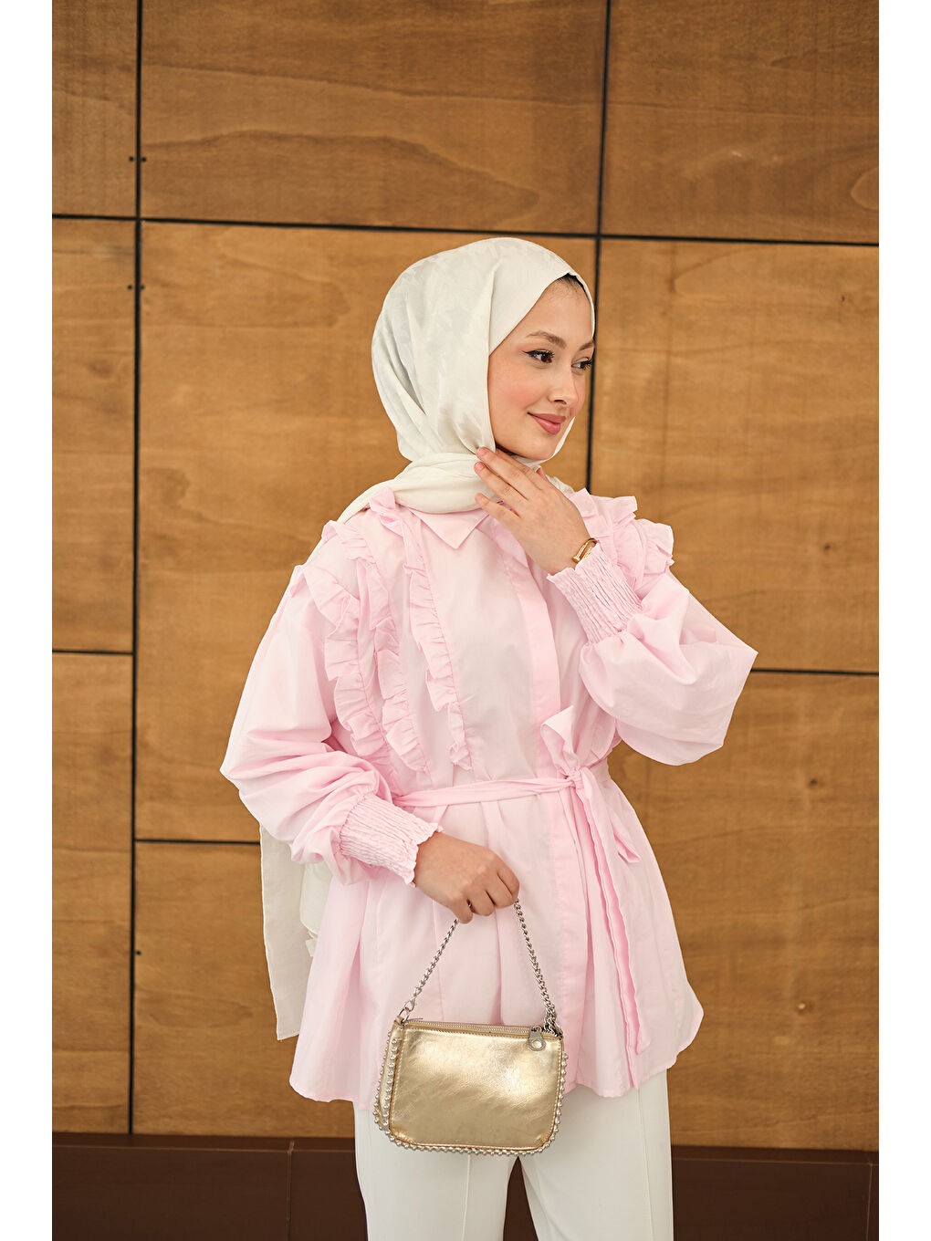 Kadın Fırfır Detaylı Gömlek Pembe-4