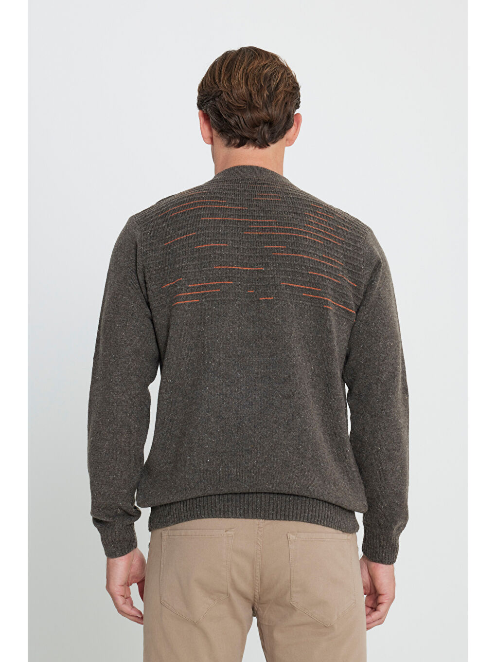 Kahverengi Erkek Sütlü Kahve-Turuncu Standart Fit Normal Kesim Bisiklet Yaka Triko Kazak-4