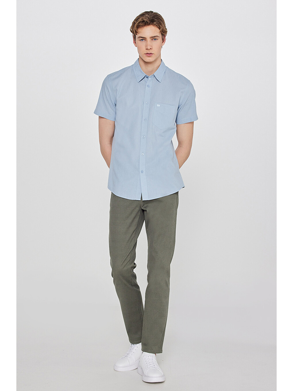 Bej Regular Fit Normal Kesim Keten Karışımlı Açık Mavi Gömlek-2