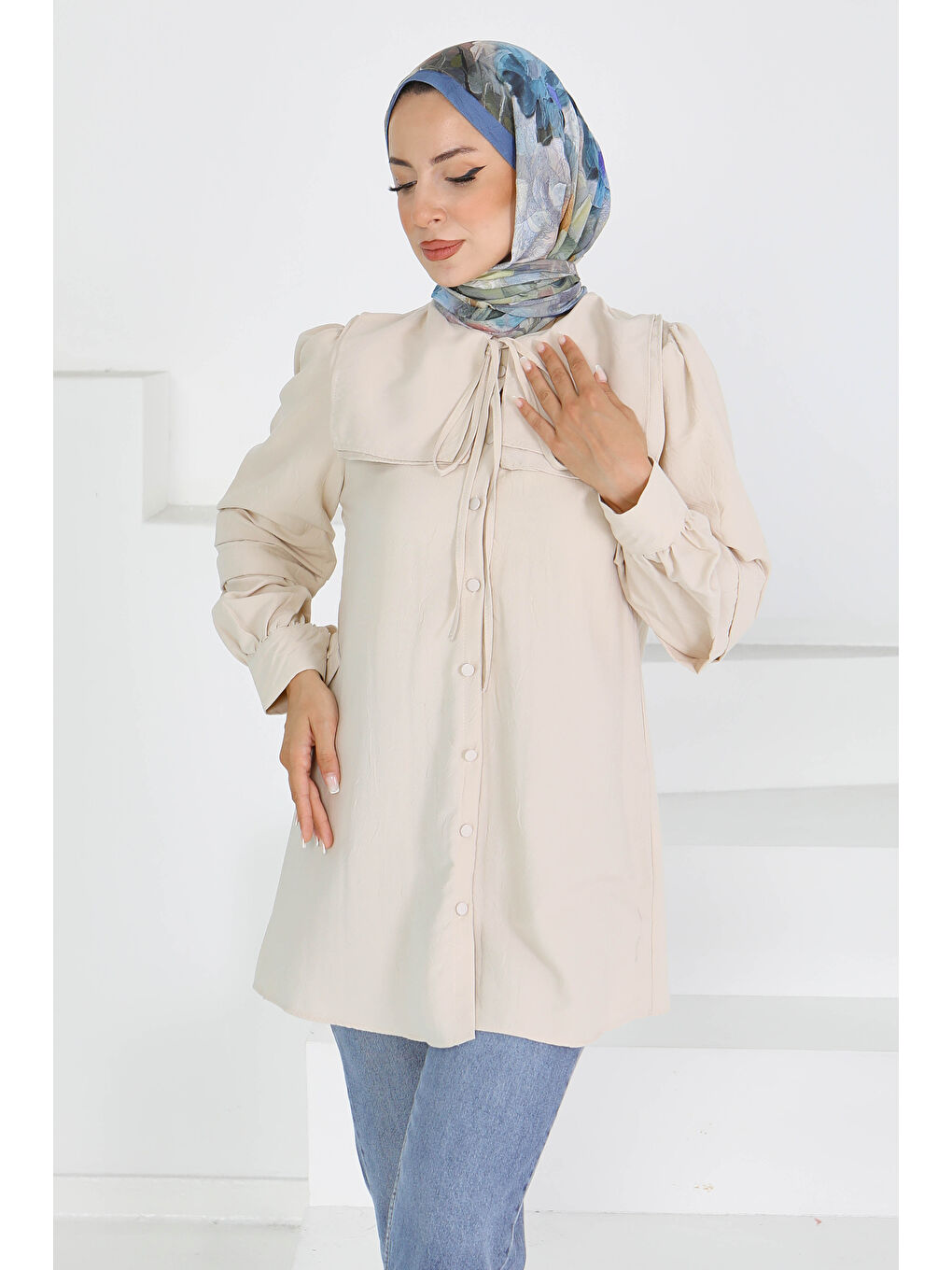 Ekru Kare Yaka Detaylı Dokuma Tunik Krem - 27607