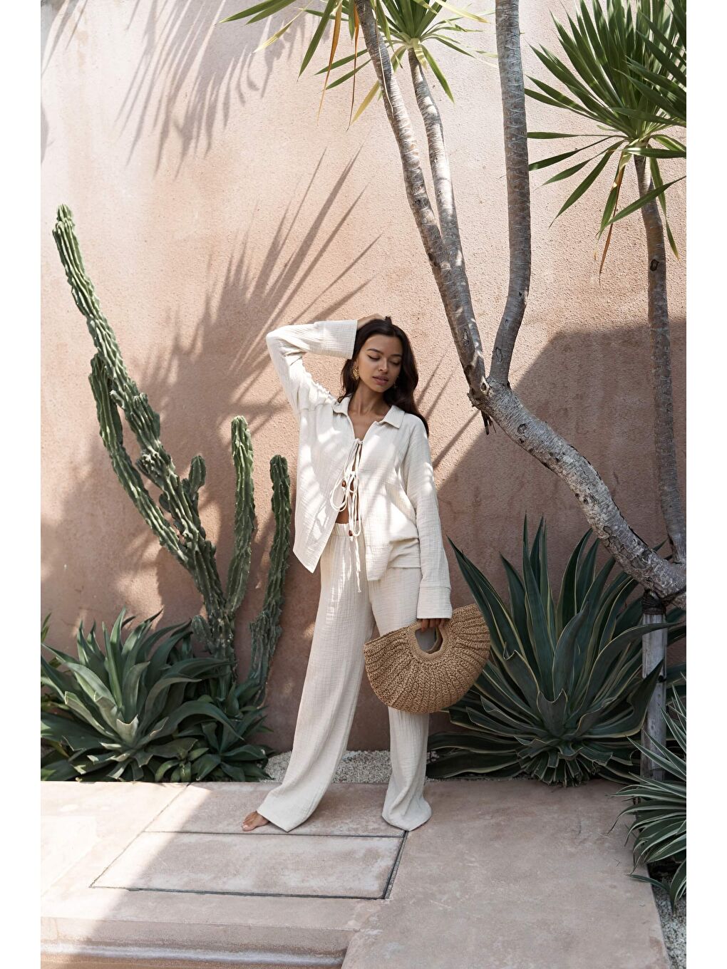 Bali Boncuklu Bej Müslin Takım