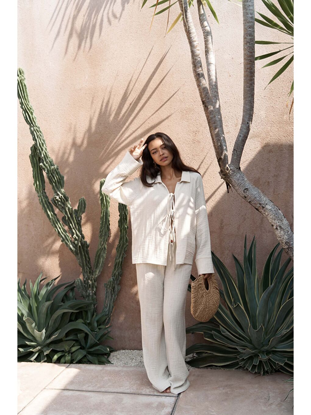 Bali Boncuklu Bej Müslin Takım-1