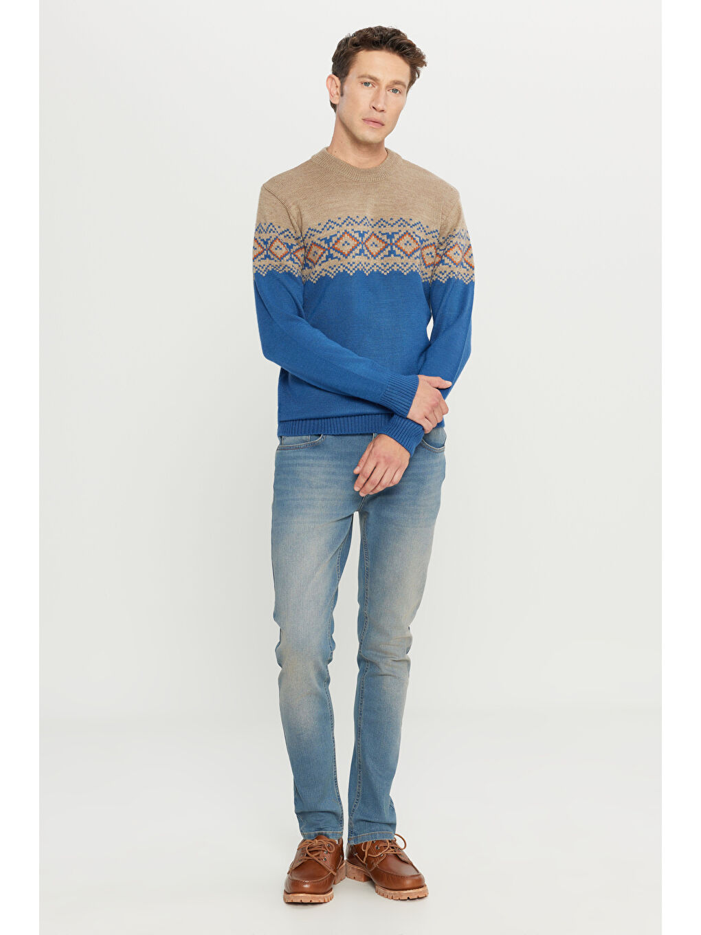 Erkek Bej-Havacı Mavi Standart Fit Normal Kesim Yarım Balıkçı Yaka Desenli Triko Kazak-1