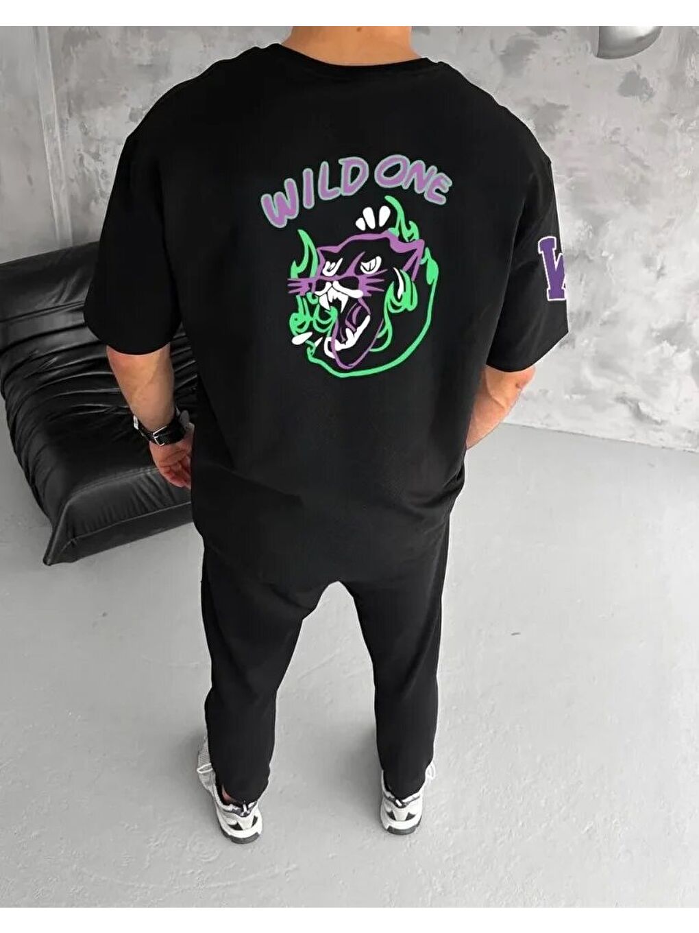 Unisex Bisiklet Yaka Baskılı Oversize T-Shirt - Siyah-1