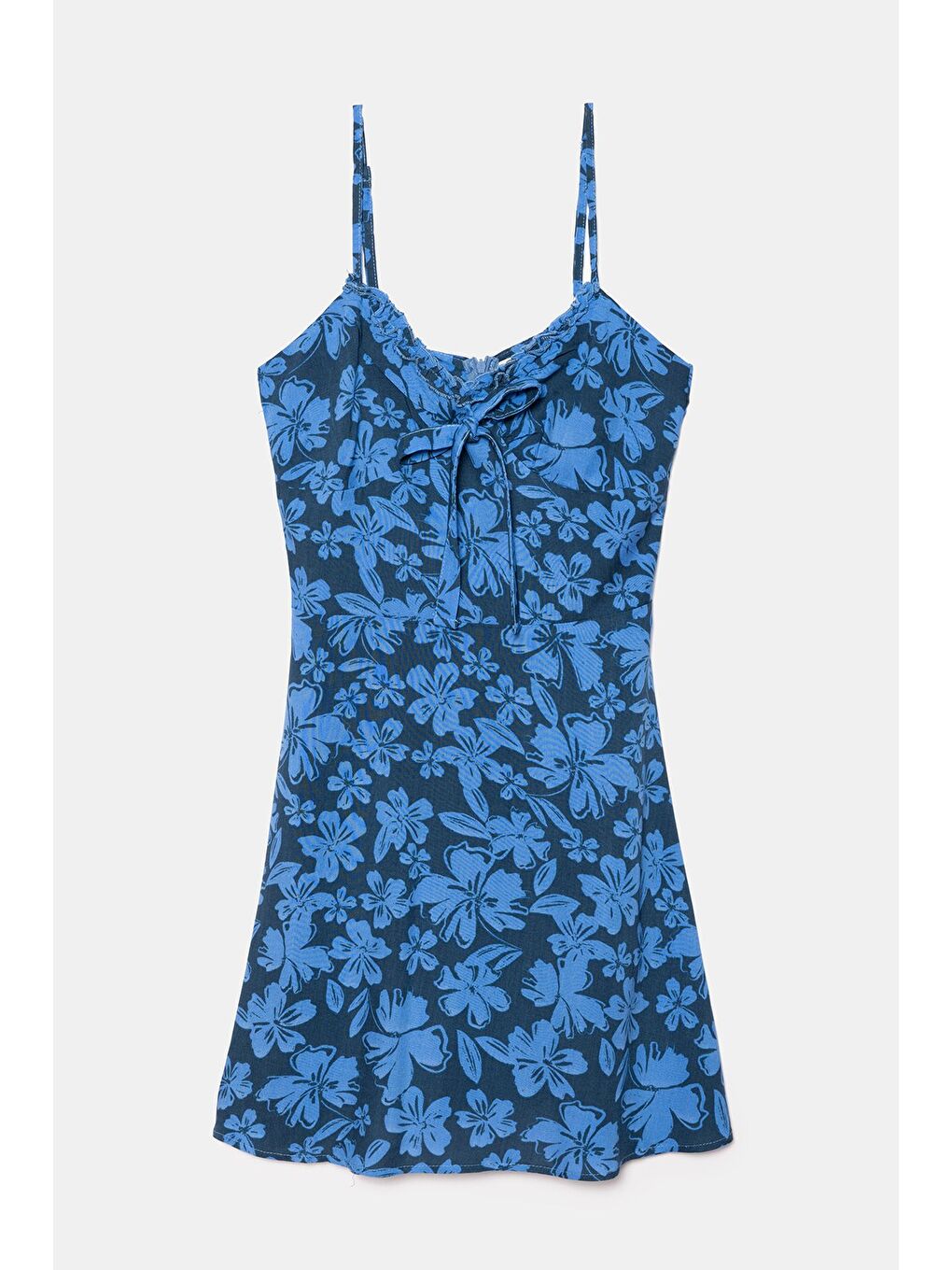 Mavi A Kesim Bağlama Detaylı Mini Dokuma Elbise - Viskon