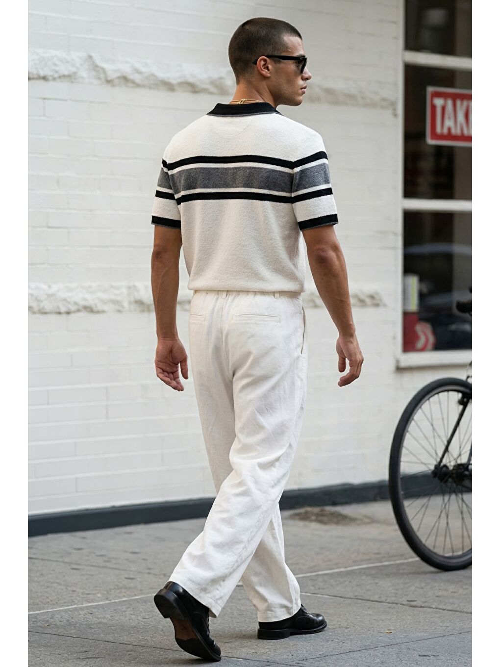 Lila Erkek Regular Fit Çizgili Havlu Triko Polo Yaka T-Shirt Ekru Siyah-3