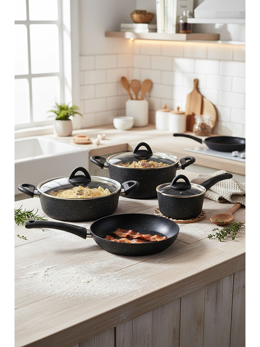 Melcor 9 Parça Granit Tencere Seti Siyah-2