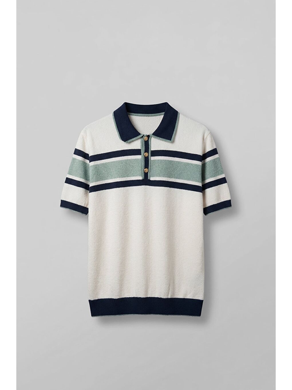 Erkek Regular Fit Çizgili Havlu Triko Polo Yaka T-Shirt Ekru Lacivert