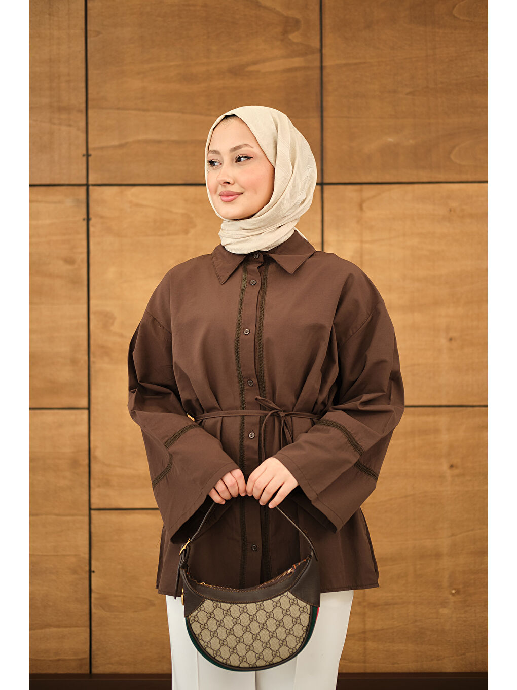 Kadın Dantel Detay Bel Bağlamalı Gömlek Kahverengi-2