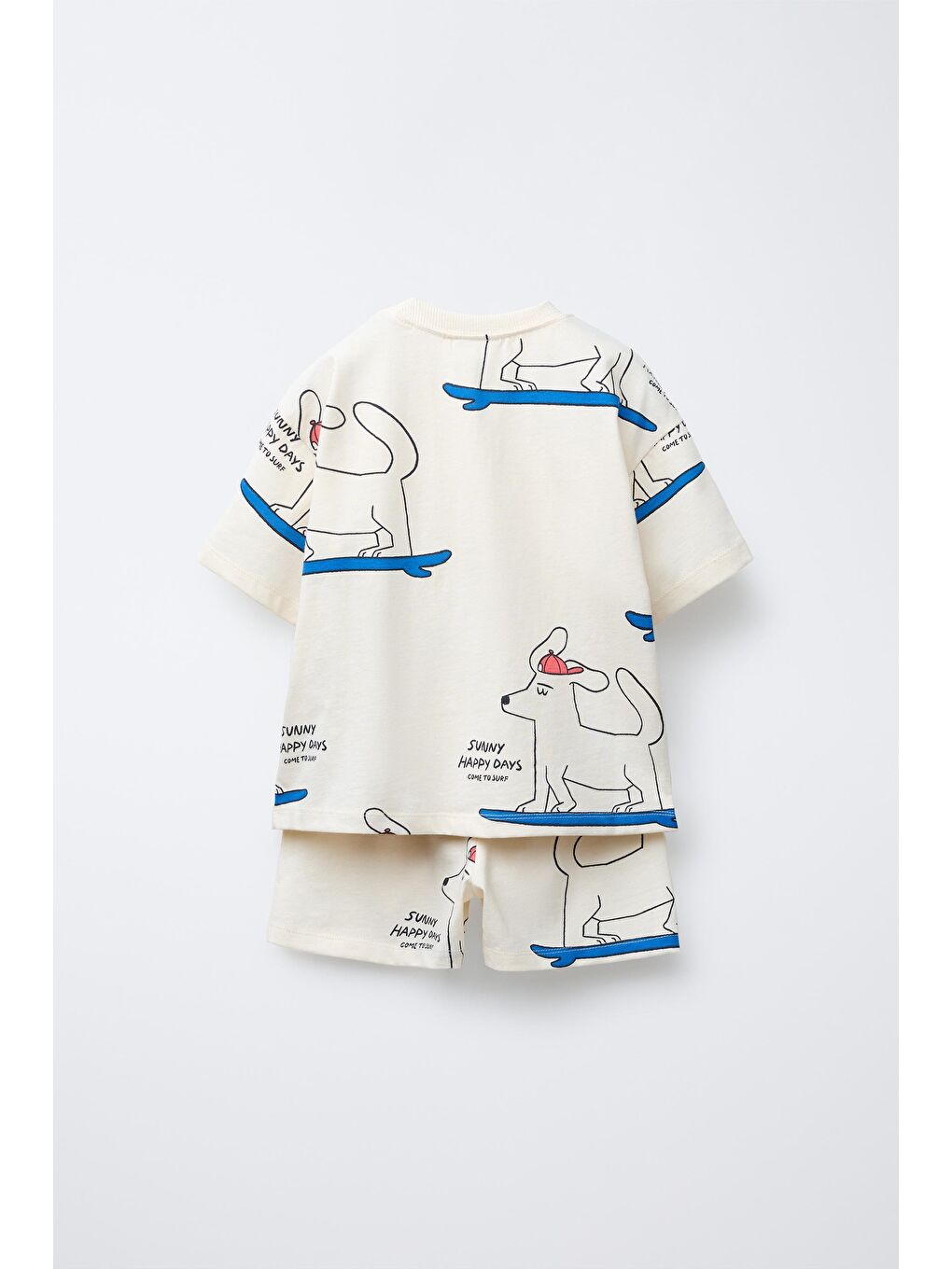 Erkek Çocuk Pamuklu Ekru Sörf Köpek Desenli T-Shirt Ve Şort Eşofman Takım - Oversize Rahat Kalıp-1
