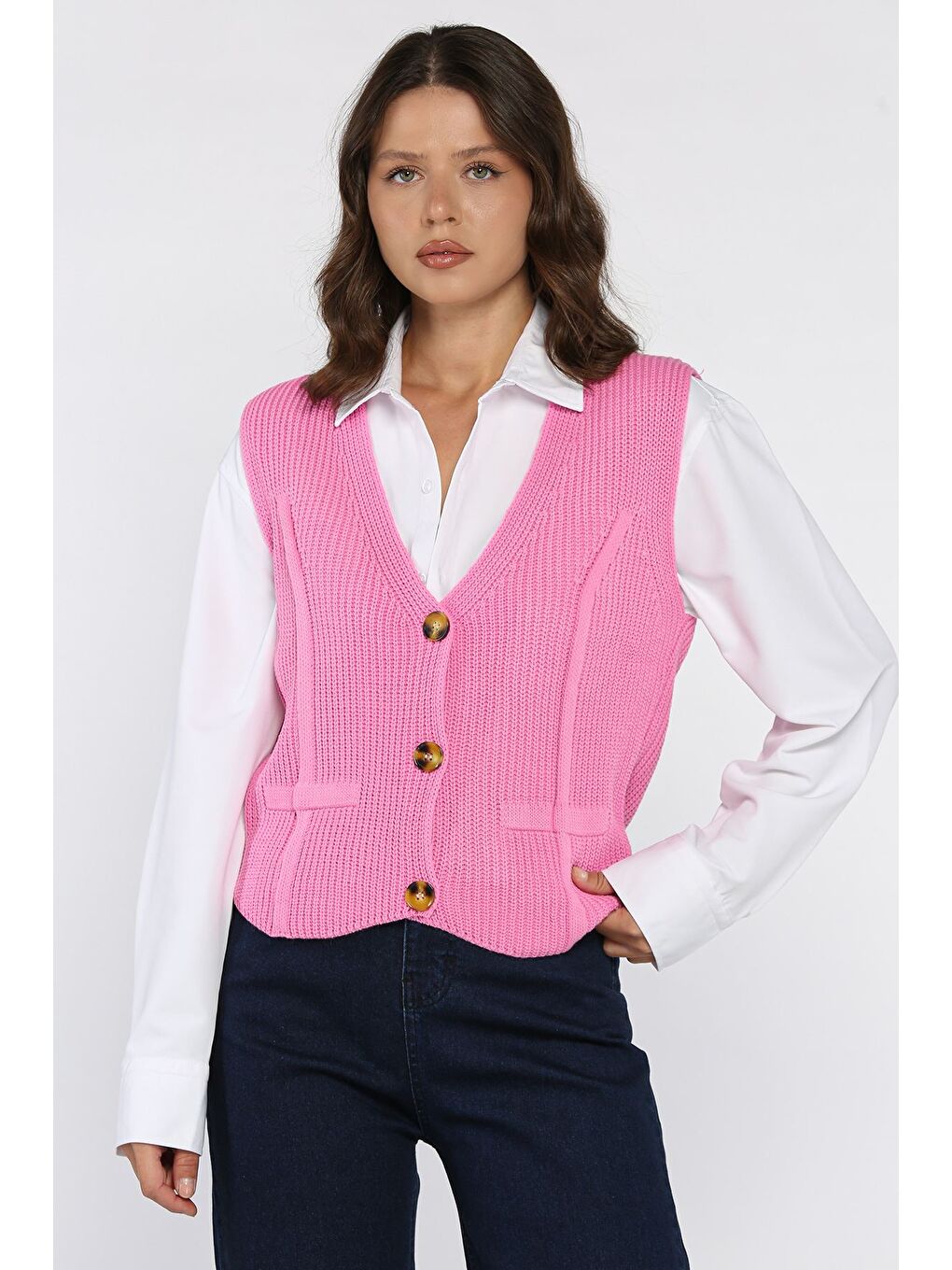 Pembe Kadın Düğmeli Triko Yelek (s-m-l-xl Uyumludur)