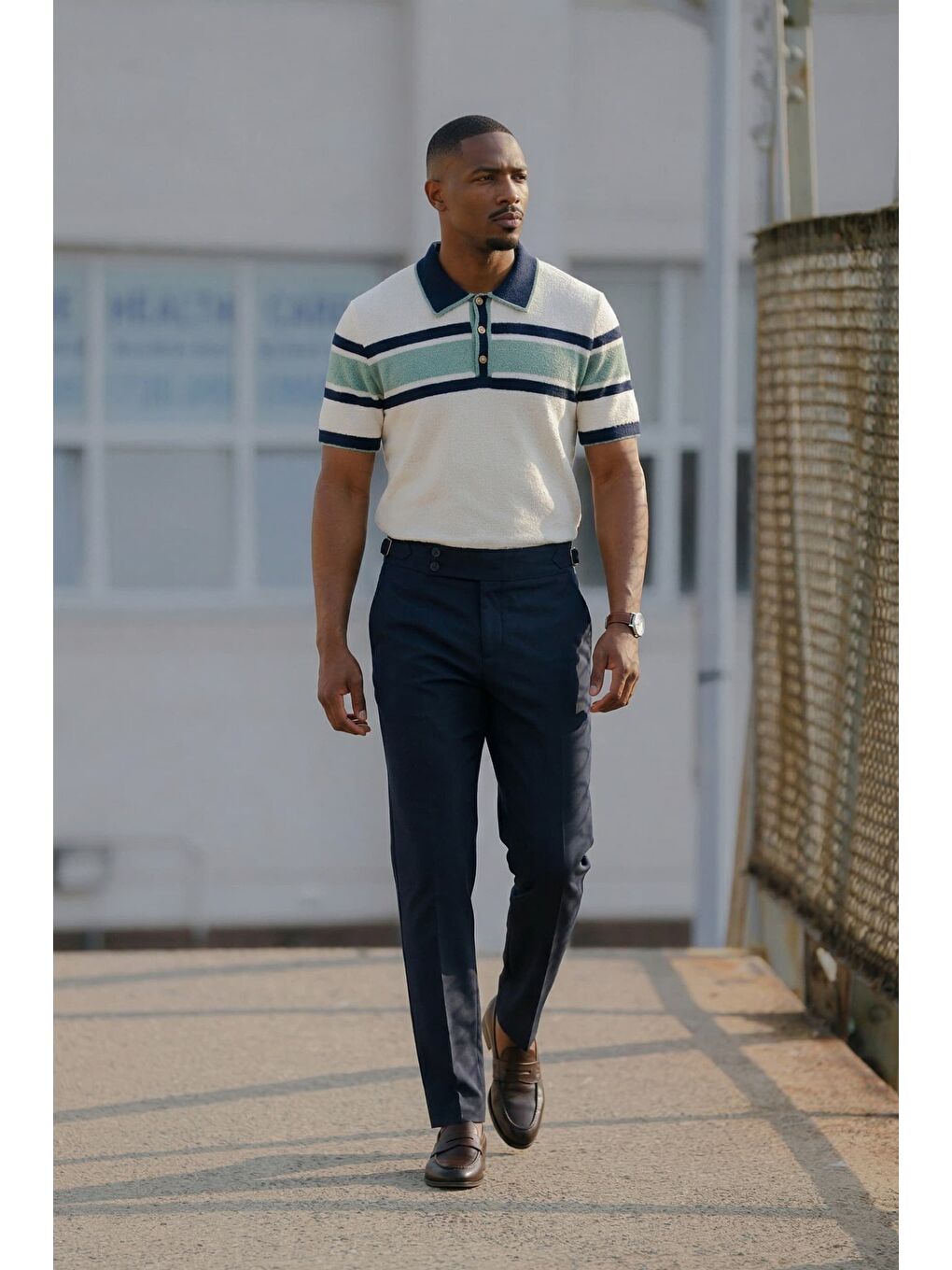 Erkek Regular Fit Çizgili Havlu Triko Polo Yaka T-Shirt Ekru Lacivert-2