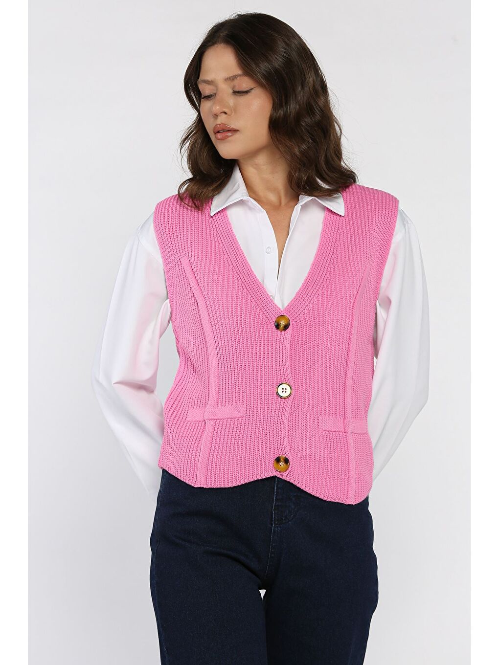 Pembe Kadın Düğmeli Triko Yelek (s-m-l-xl Uyumludur)-1